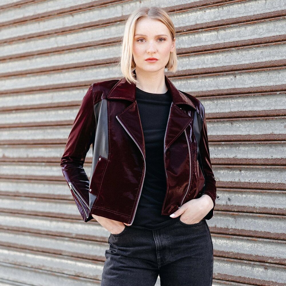 Vinyl/Liquid Leather Mixed Media Zip Jacket in Mulberry - Picture 2 of 3